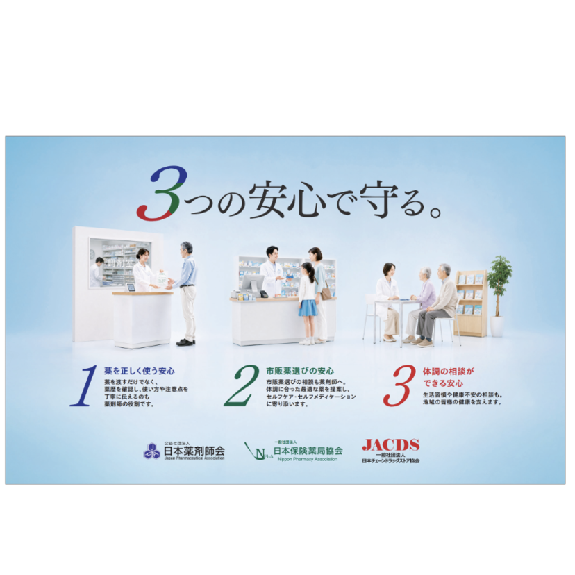 【日薬･NPhA･JACDS】3 団体共同の広告企画／薬剤師が提供する「3 つの安心」訴求